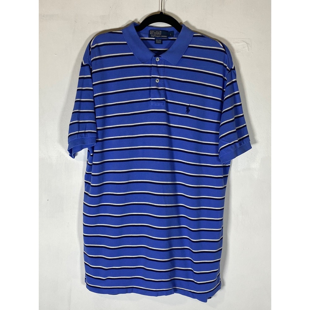 Polo Ralph Lauren Men's Large‎ Blue Striped Short Sleeve Cotton Polo Shirt